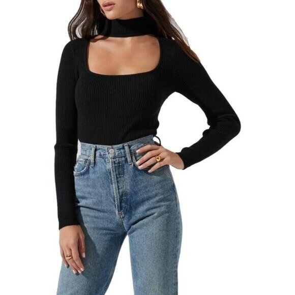 Astr The Label Cutout Mock Neck Long Sleeve Sweater - Picture 1 of 5